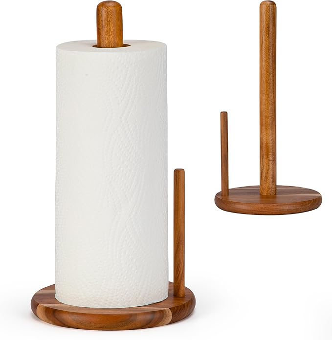 Acacia Wood Paper Towel Holder Countertop, Wooden Paper Towel Holder Thicken Base for Kitchen, Easy to Assemble, Sturdy, Durable, Natural Wood Color