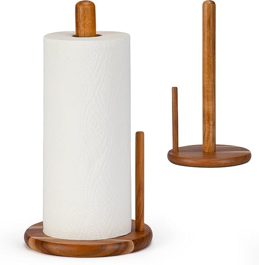 Acacia Wood Paper Towel Holder Countertop, Wooden Paper Towel Holder Thicken Base for Kitchen, Easy to Assemble, Sturdy, Durable, Natural Wood Color