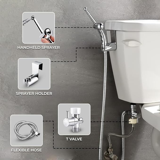 GenieBidet Sparkle Hand Held Bidet. Includes Hybrid T Adapter | Stainless Steel Toilet Hose Sprayer & Precision Knob/w Solid Brass Valve | Toilet Water Sprayer for All Toilets
