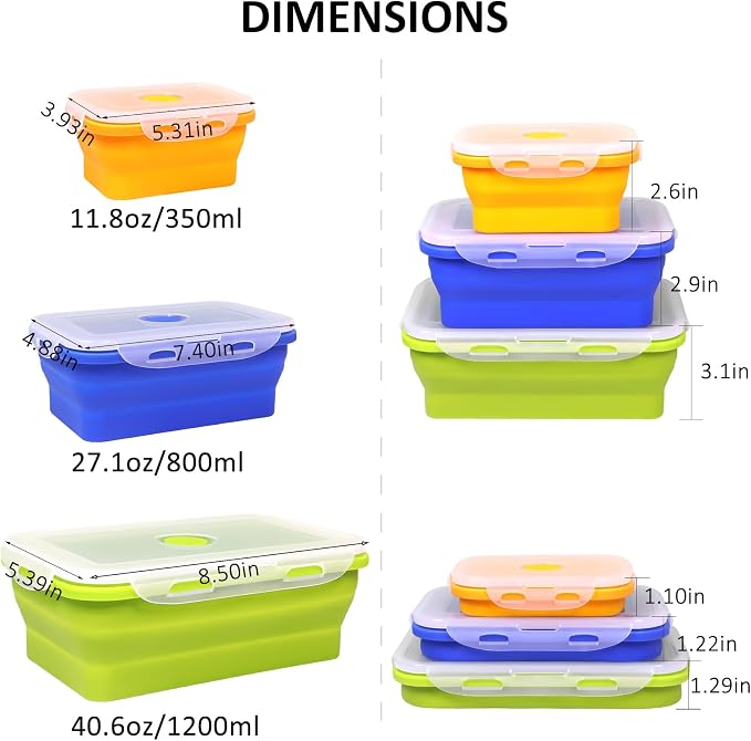 Collapsible Silicone Food Storage Containers With Lids, Set of 6 Foldable Storge Bowls, Bento Lunch Boxes for Kitchen, Camping, Rv, BPA Free