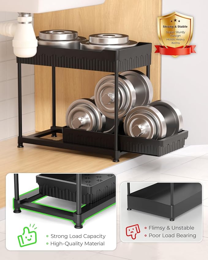 Sevenblue 3 Pack Under Sink Organizers,2-Tier Multi-Use Kitchen and Bathroom Organizers and Storage with Sliding Drawers,Bathroom Cabinet Organizer (Black, 12.8 Inch)