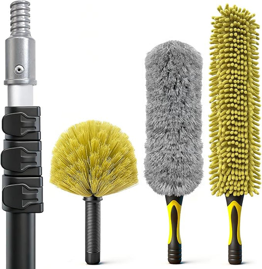 ARTIPOLY 4-12Ft Telescoping Extension Pole Kit, 4-in-1 High Reach Duster with Chenille Microfiber Feather & Cobweb Duster Attachments for Ceiling Wall Hard-to-Reach Indoor & Outdoor Cleaning Yellow