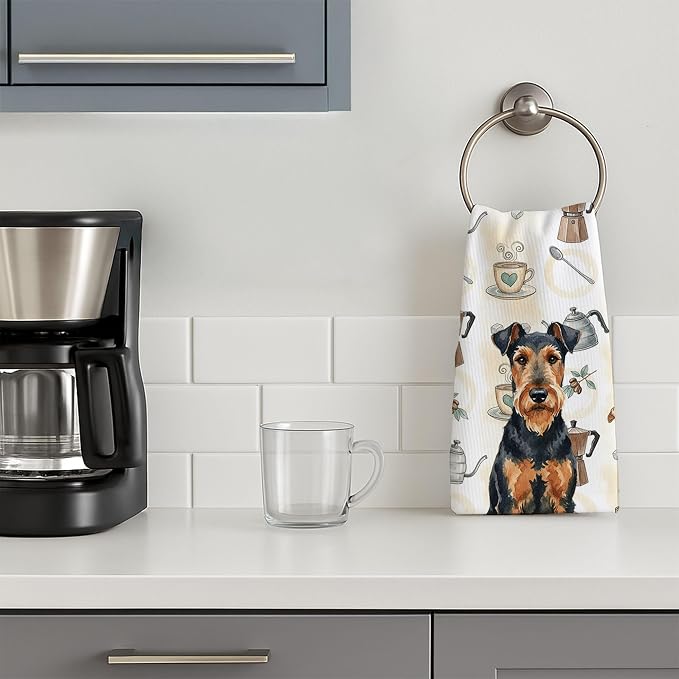 Caroline's Treasures Airedale Terrier Coffee Bar Kitchen Towel Velour Plush Front and Cotton Loop Back Machine Washable