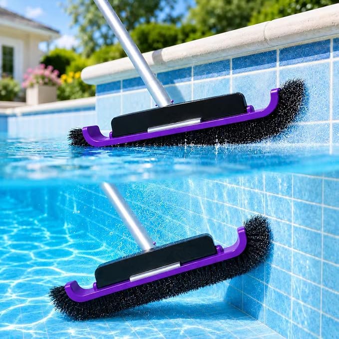 All-in-One Swimming Pool Cleaning Kit, Heavy Duty Deep Leaf Skimmer Net with Pool Brush Head, Adjustable Pole, Pool Cleaning Set for Inground/Above Ground Pools and Ponds, Purple