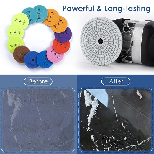 17 PCS 4 Inch Diamond Polishing Pads Kit Wet/Dry with 5/8"-11 Backer Pad Granite Buffing Sanding Set 50-10000 Grit for Concrete Stone Marble Tile Quartz Rock