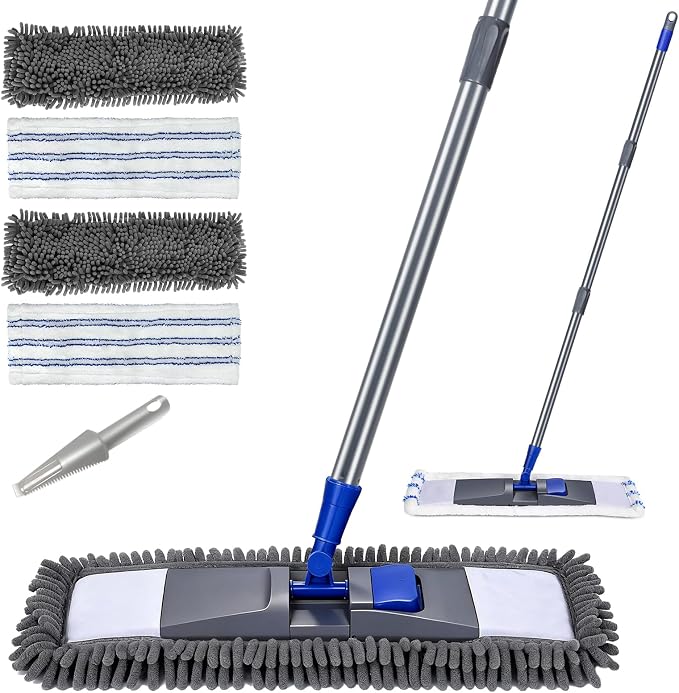 MASTERTOP Microfiber Mop for Floor Cleaning, Flat Dust Mop for Home and Kitchen, Adjustable Stainless Steel Handle with 2 Washable Pads&1 Cleaning Scrape for Hardwood, Vinyl