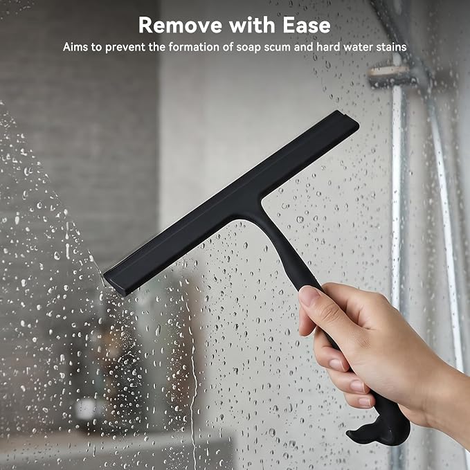 OTraki Black Silicone Shower Squeegee for Glass Doors, Bathroom Cleaner Tool Household Windows Mirror Squeegees, 8 Inch Portable Window Cleaning Tool with Fishtail and Metal Hook for Bathroom