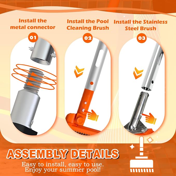 SISIUPASSIE Pool Brush Kit with Pole, Upgrade 18" Pool Brush and High-Efficiency Stainless Steel Bristles Brush with Telescopic Pole for Cleaning Pool Walls, Curved Ends, Tiles & Floors, 20 FT