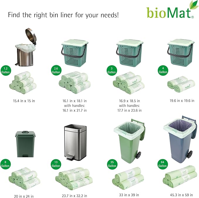 bioMat Compostable Trash Bags 2.6 Gallon, 25 Count, Small flat top Kitchen Food Scrap Bin Liners, BPI, CMA and OK Compost HOME certified, Meets the ASTM D6400 Standard
