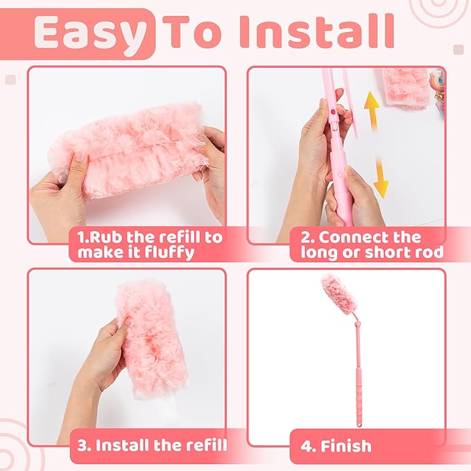 360° Dusters Refills for Cleaning - 100 Count Disposable Feather Duster Kit with 2 Handles, Multi-Surface Microfiber Feather Dusting Cleaner for Furniture Blinds Windows Ceiling Fans (Pink)