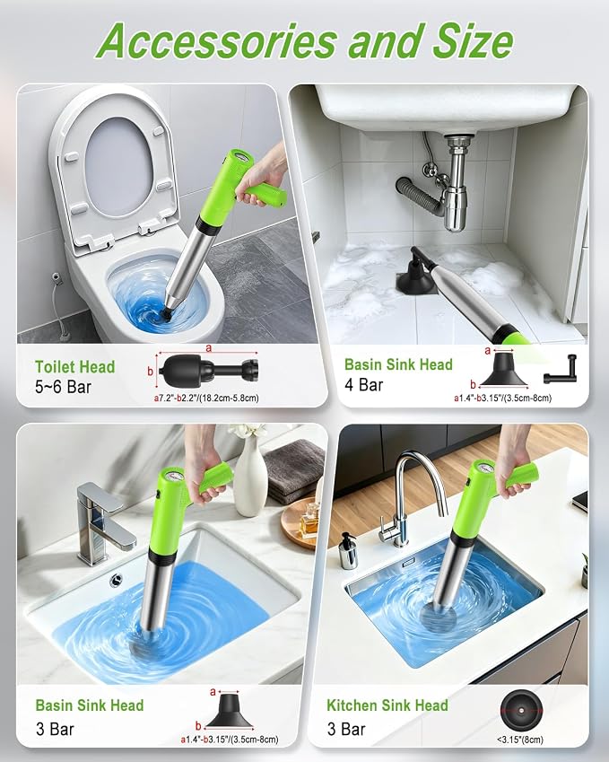 Ublue Electric Toilet Plunger, 4 in 1 High Pressure Toilet Unclogger with Multi-Purpose Heads & Automatic Inflation, Heavy Duty Drain Clog Remover for Bathroom, Washbasin and Floor Drain