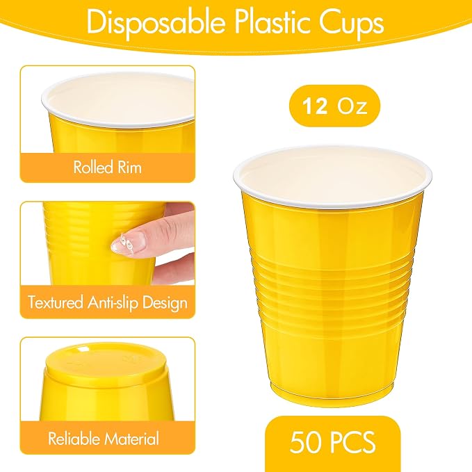 Kochorie 50 Pack Yellow Disposable Plastic Cups 12 Ounce Drinking Party Cups Bulk Party Cup for Summer Graduation Birthday Tropical Parties, Outdoor Barbecues Picnics Events