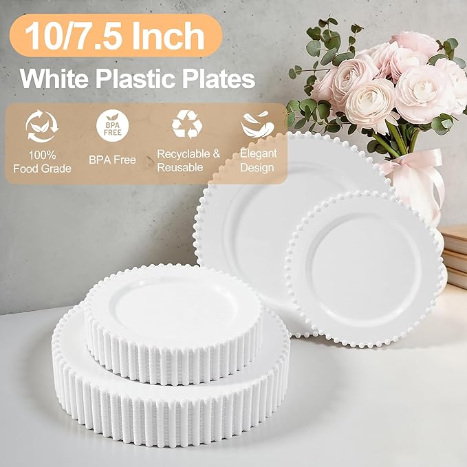 60PCS White Plastic Plates - Fancy Disposable Beaded Plates Include 30 Dinner Plate 10’’ & 30 Dessert Disposable Plate 7.5’’ for Birthday, Baby Shower Spring, Wedding & Party