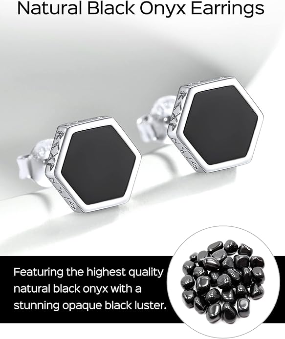 ChicSilver 925 Sterling Silver Viking Rune Natural Black Onyx Stud Earrings For Women Men