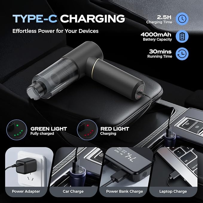BSRCO Handheld Vacuum Cordless Rechargeable for Car, Pet Hair, Home, USB-C Charging, HEPA Filtration
