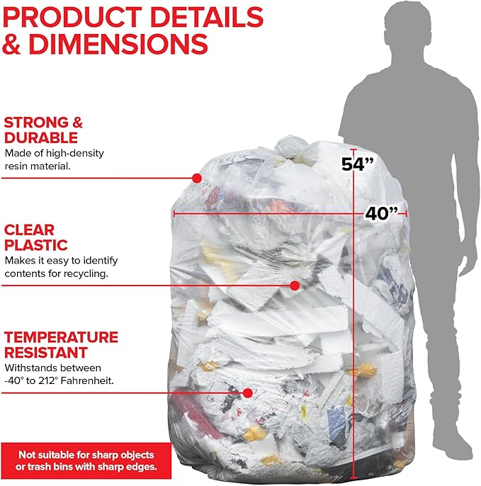 Stock Your Home 55-60 Gallon Clear Trash Bags (150 Pack) – Disposable Leak-Resistant Garbage Can Liners for Office, Bathroom, Deli, Produce, Dog Poop, Cat Litter