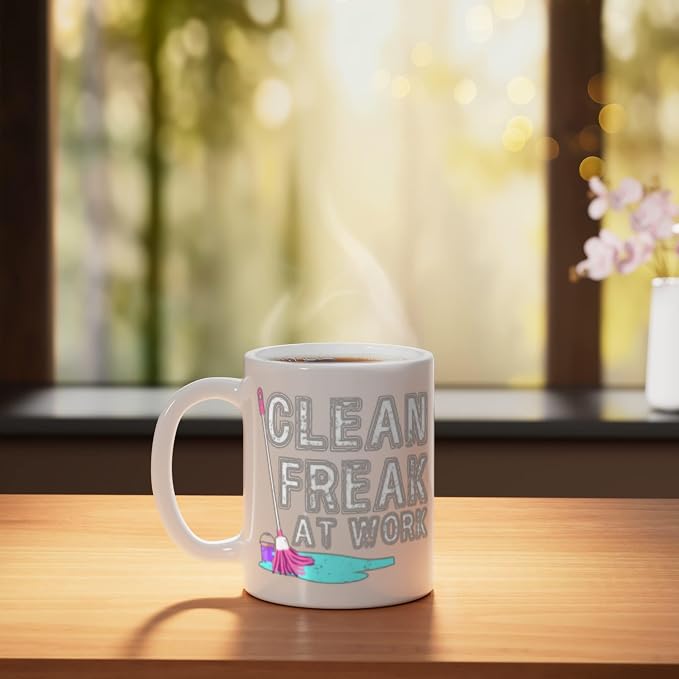 Clean Freak at Work Cleaning Ceramic Mug, White