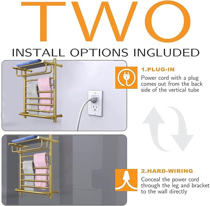 Heated Towel Racks for Bathroom Gold, Gold Towel Warmer Rack Wall Mounted with Top Shelf, Timer & Temperature Control Electric Towel Drying Rack (14 Bars with Top Shelf Brushed Gold A, Plug-in)