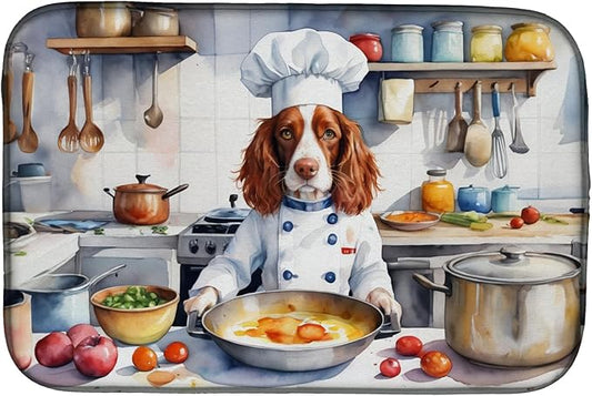 Caroline's Treasures DAC6337DDM Welsh Springer Spaniel The Chef Dish Drying Mat Absorbent Dish Drying Mat Pad for Kitchen Counter Dish Drainer Mat for Countertop, 14 x 21", Multicolor