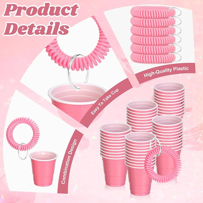 30 Pcs Pink Shot Cups with Wristband for Party 2oz Plastic Shot Glasses Disposable Mini Shot Glasses Bulk with Wrist Coil 2oz Solo Cups for Festival Birthday Favor Wedding Bachelorette Party Supplies