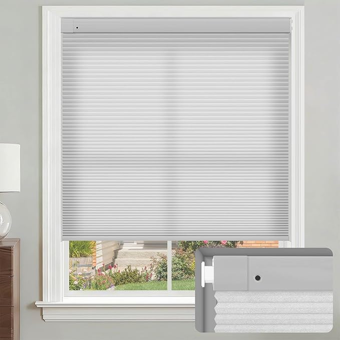 No Drill Cellular Shades, Light Gray 22 1/2" W x 48" H Cordless Light Filtering Pull Down Pleated Honeycomb Blind Thermal Insulated Easy Install for Indoor Window Bedroom Living Room Kitchen