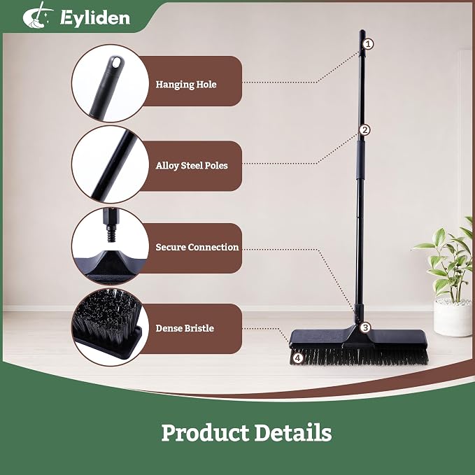Eyliden 18" Push Broom for Deck Driveway Patio Garage | Heavy-Duty Stiff Bristles Sweeper with 66" Adjustable Handle | Outdoor Concrete Sidewalk Yard Snow Cleaning Tool, Black