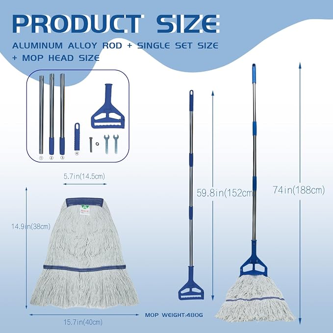 Commercial Cotton Mop | Heavy-Duty Industrial Mop | 2 Replacement Heads | 152cm Stainless Steel Handle | Professional Institutional Cleaning (A)