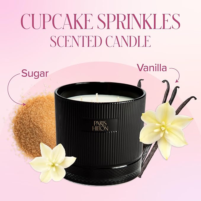 Paris Hilton Cupcake Sprinkles Scented Candle, Black Ribbed Glass Vessel with Faceted Diamond Detail, Premium Plant Wax Blend, 4-Wicks, 40-Ounce