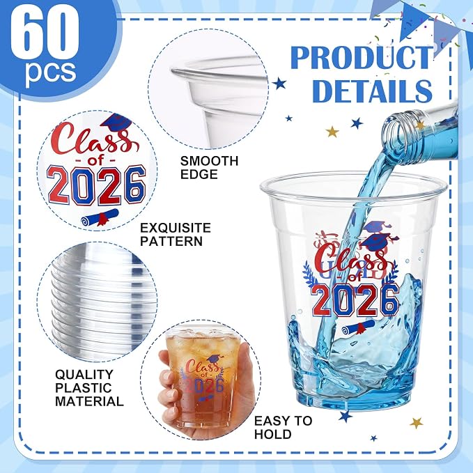 Amyhill 60 Pack 12oz Graduation Cups 2026 Graduation Decorations Disposable Plastic Cups Sturdy&Durable Drinkware for Class of 2026 Decorations Congrats Grad Party Favors Supplies (White)