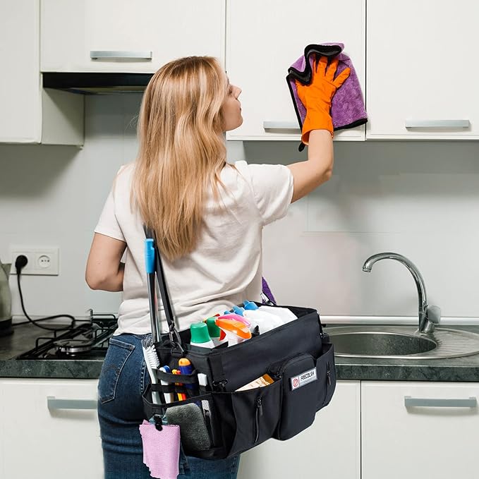 Large Cleaning Supplies Organizer-Cleaning Caddy Organizer With Handles & Shoulder Strap-Cleaning Bags for Cleaning Suppliers-Housekeepers Wearable Cleaning Tote Upgraded