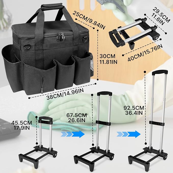 28.5L Large Cleaning Organizer Caddy with Wheels,Cleaning Bags with Detachable Trolley,Cleaning Supplies Bag Built-in Hard Support Board,Waterproof,Multiple Storage Pockets for Housekeepers