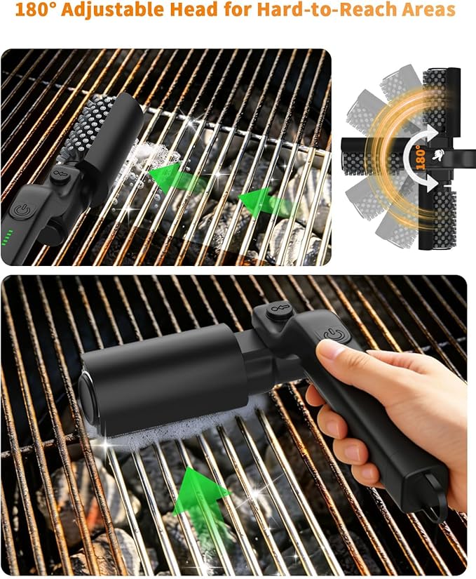 Electric Grill Brush, 3-Speed Rotary BBQ Cleaning Tool with 180° Adjustable Head,90-Minute Runtime,USB-C Rechargeable,Stainless Steel Bristle Brush for Gas,Charcoal and Ceramic Grills