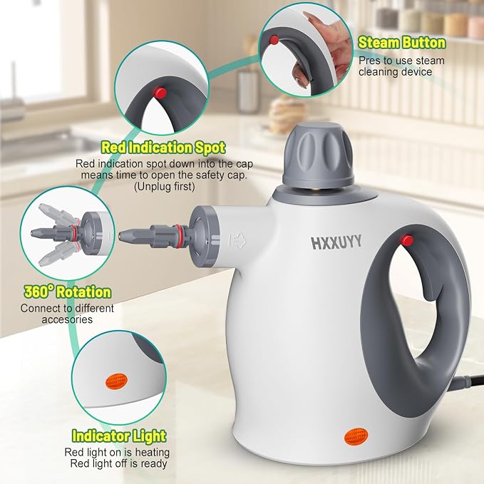 Multi-Surface Handheld Pressurized Steam Cleaner with 13 PCS Accessory ，Portable Steamer for Cleaning, Multipurpose Steam Cleaner for Home/Car/Bathroom/Grease/Upholstery/Floor/Grout and More (White)