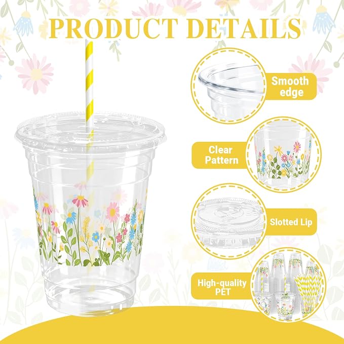 50 Sets Flower Daisy Plastic Cups 12 oz Floral Disposable Cups Spring Daisy Party Favor Drinking Beverage Cup for Baby Shower Birthday Party Supplies