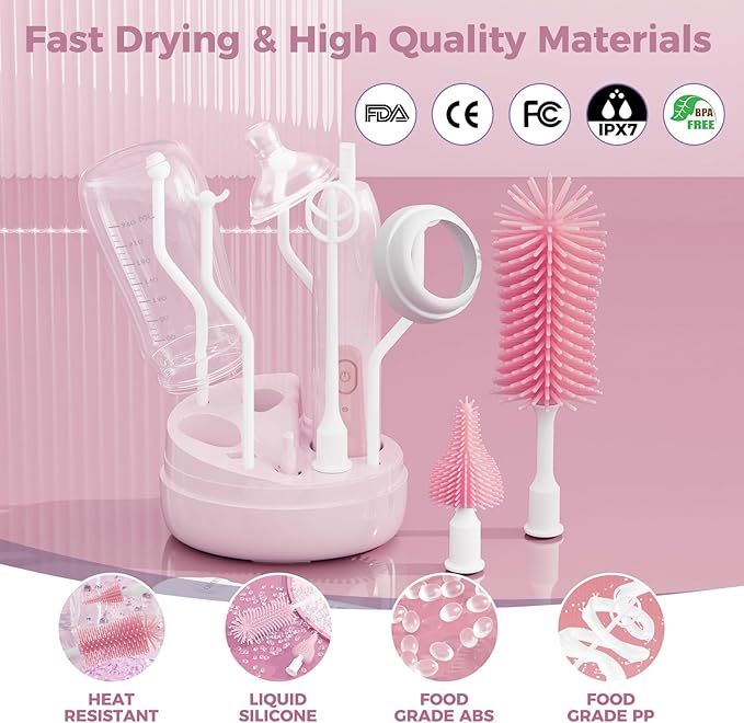 Electric Bottle Brush Cleaner,Rechargable Electric Baby Bottle Brush Cleaner with Thermometer,Silicone Bottle/Nipple/Straw Brush,Drying Rack,Travel Bottle Cleaner Kit for New Moms (Pink)