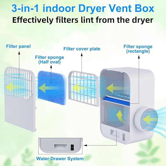 3-in-1 Indoor Dryer Vent Kit,Upgrade Energy Efficient Dryer Lint Trap,6 Polyester Filter&10ft Dryer Vent Hose & Water Drawer System for Electric Clothes Dryers，Enhanced Air Quality