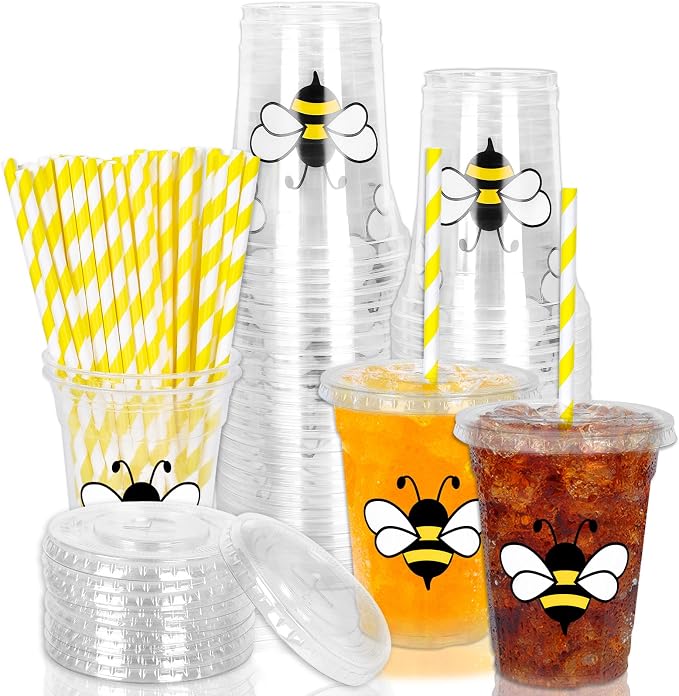Whaline 50Pcs Bee Disposable Plastic Cups With Lids and Straws 12 Oz Cute Bee Cold Beverage Drinking Cups for Baby Shower Birthday Party Supplies