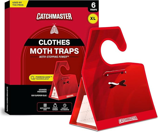 Catchmaster Clothing Moth Traps with Premium Extra Strength Odorless Pheromone Technology – Red, XL, Extra-Strength Glue – Traps & Targets Casemaking and Webbing Moths - 6-Pack