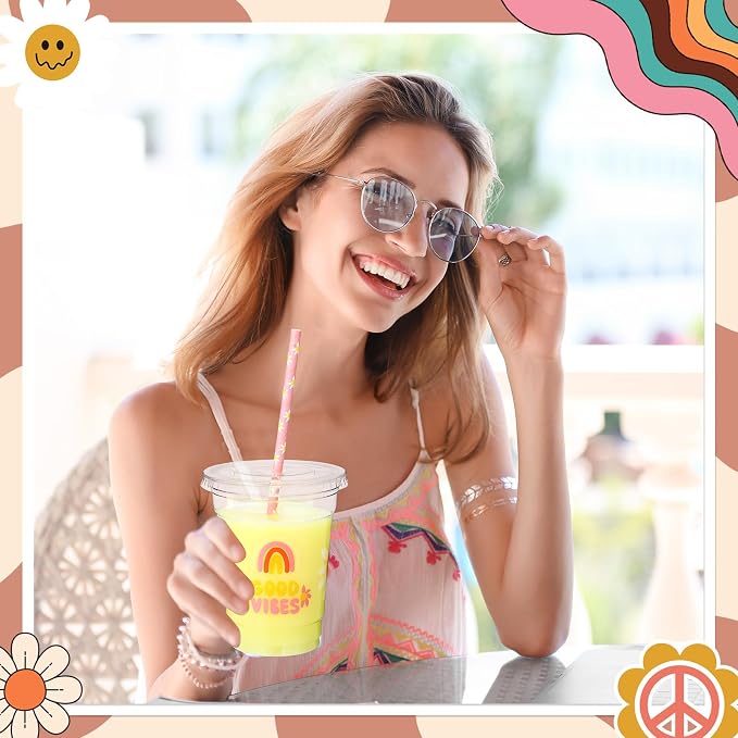 Blushtier 300 Pcs Groovy Disposable Plastic Cups with Lids and Straws 12oz Groovy Party Favors Supplies Boho Retro Hippie Clear Drinking Cups for Party
