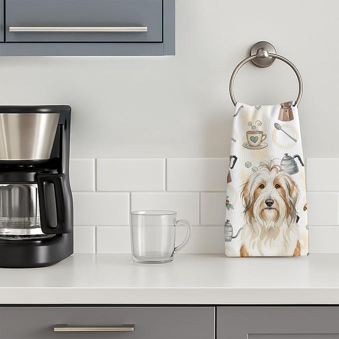 Caroline's Treasures White and Tan Bearded Collie Coffee Bar Kitchen Towel Velour Plush Front and Cotton Loop Back Machine Washable