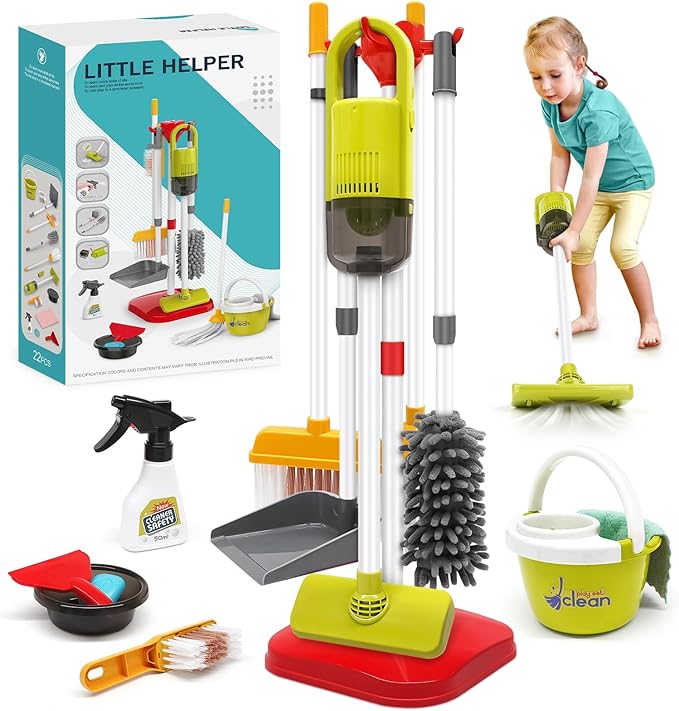 Dreamon Toddler Cleaning Set - 14Pcs Kids Cleaning Toy Set with 2-in-1 Kids Vacuum that Really Works, Pretend Home Cleaning Play Set for Toddler Age 3-7, Christmas Birthday Gift for Girls Boys（Red）