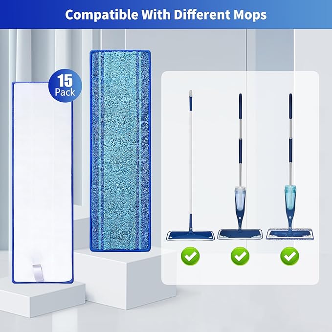 15-Pack Microfiber Mop Pads for Bona Mpo- Washable Reusable Refills for Hardwood, Tile & Multi-Surface Floors | Pet Hair & Stain Remover