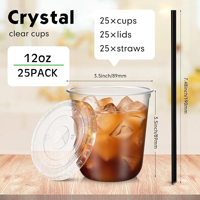 Ziliny 25 Set Clear Plastic Cups with Lids and Straws, Disposable Iced Coffee PET Cups for Drinking Cold Beverage Juice Parfait Smoothie Milkshake Coffee Shops Party Supplies (12 oz)
