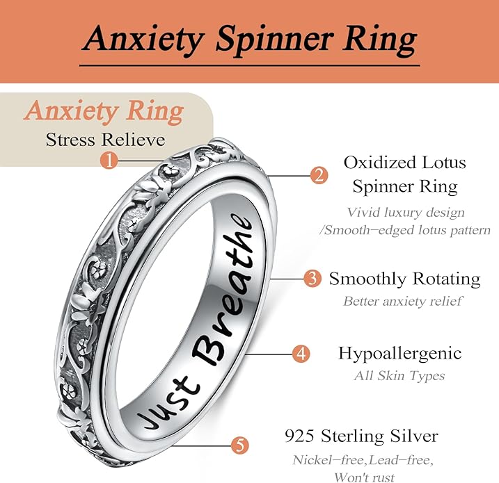 Ladytree Spinner Fidget Anxiety Ring,925 Sterling Silver Stress Relief Worry Ring,Platinum Plated ADHD Autism Jewelry,Birthday Mom Gift for Women