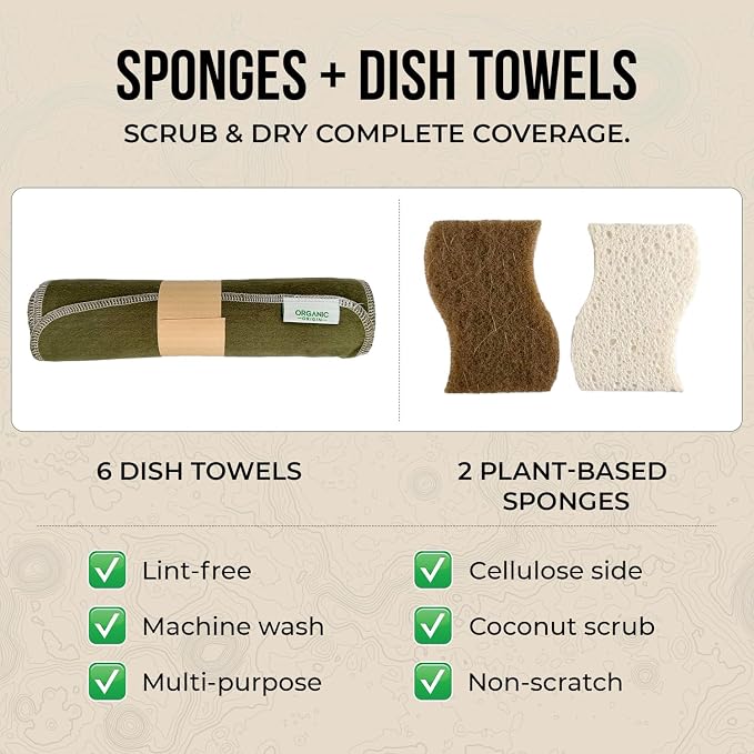 Organic Origin Kitchen Cleaning Supplies Kit - 14 Piece Set with Reusable Paper Towels, Plant-Based Sponges, Swedish Dishcloths, Dish Towels, Cleaner Tablets & Spray Bottle Cleaning Essentials