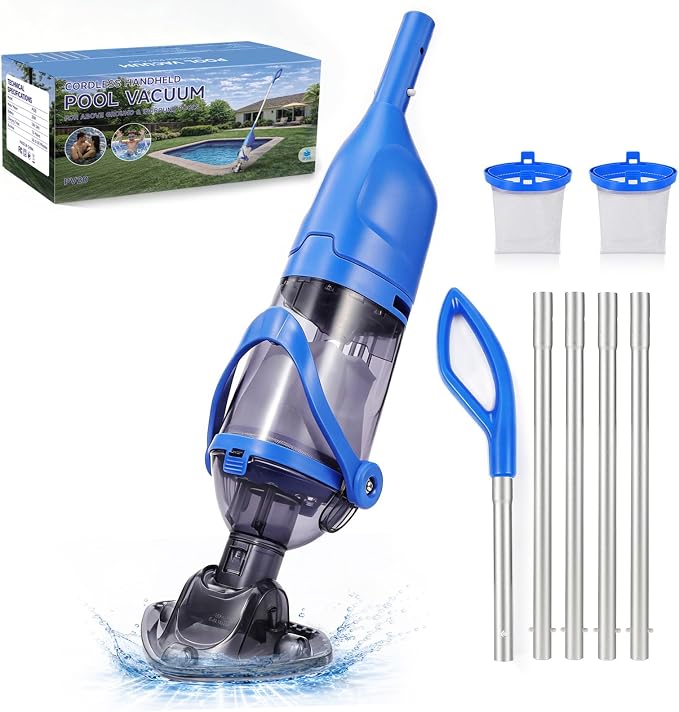 Cordless Handheld Pool Vacuum for Above Ground Pool, Rechargeable Small Pool Vacuum with Telescopic Pole, 60 Min Runtime, 14.1 GPM Suction, for Hot Tub, Spa & Small Pools, Blue