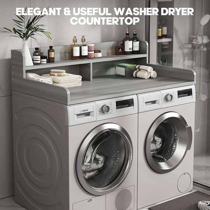 2-Tier Washer And Dryer Countertop With 2.75"H Guard,54"W x 27.5"D Laundry Countertop Cover With Non-Slip Pad,Large Space Laundry Topper For Folding Clothes Over Washer And Dryer-Stripe Gray