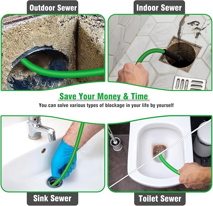 Sewer Jetter Kit for Pressure Washer 50 FT，Drain Cleaner Hose 1/4 Inch NPT Corner with Pressure Washer Tips, Button Nose and Rotating Sewer Jetting Nozzle, Spanner Teflon Tape Pearl Corsage Pin