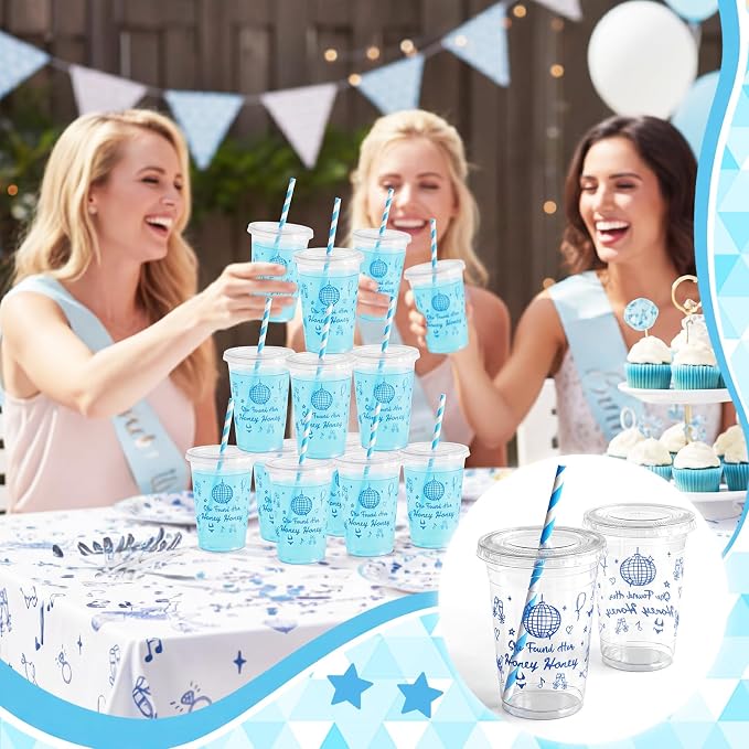 Qinyoung 50 Sets She Found Her Honey Honey Bridal Shower Decorations Disco Plastic Cups with Lid and Straws 16 oz Bachelorette Party Decorations for Engagement Wedding Guest