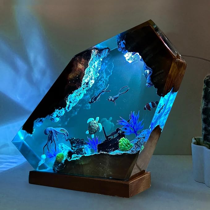 Handcrafted Octopus Resin Lamp, RGB Ocean Night Light with Wooden Base,Ocean Decor for Home Office, Scuba Diving Gifts for Him & Her, Unique Birthday & Valentine's Day Gifts (L 10"X6")